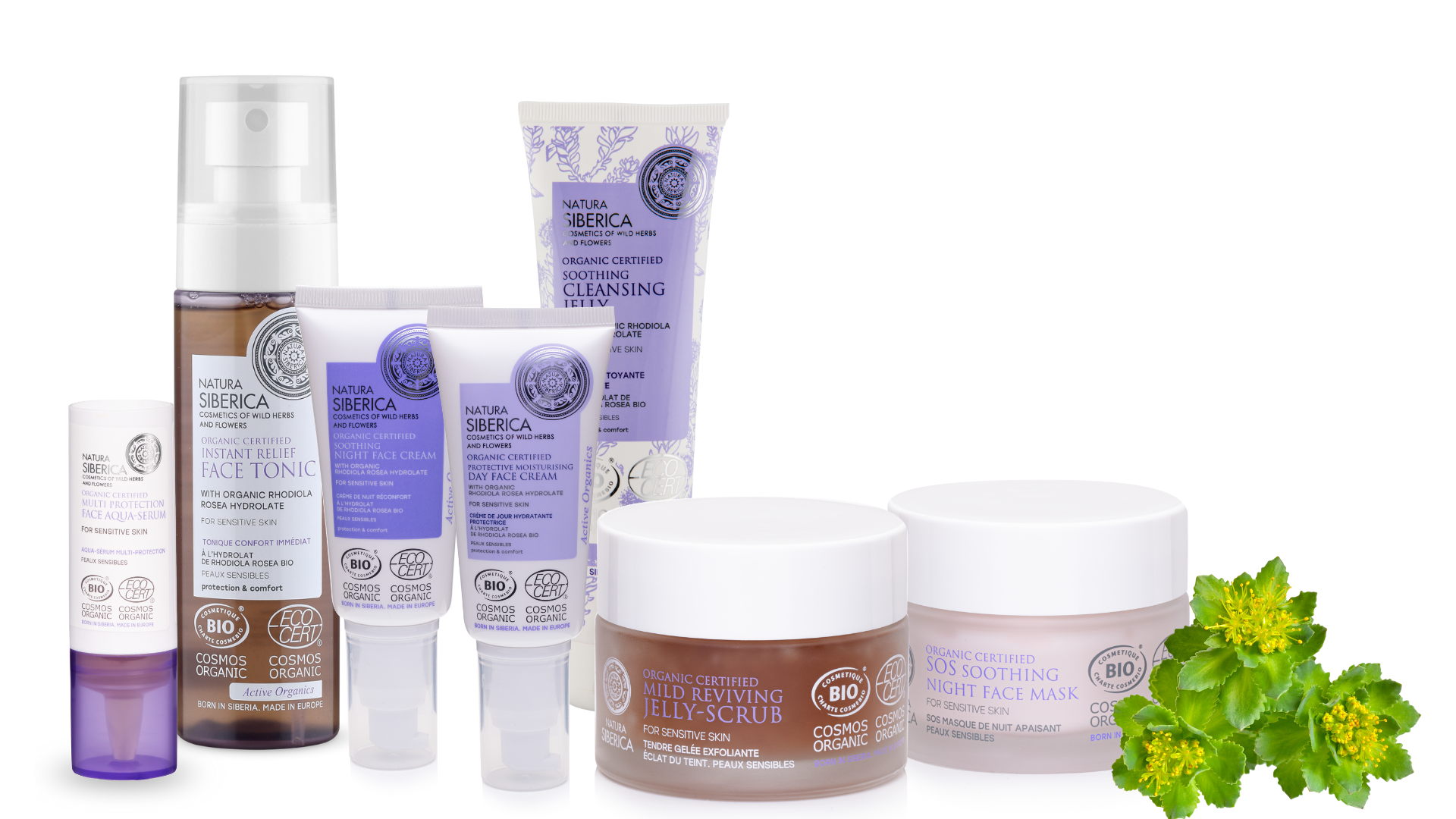 The full Natura Siberica Rhodiola rosea skincare range for sensitive skin